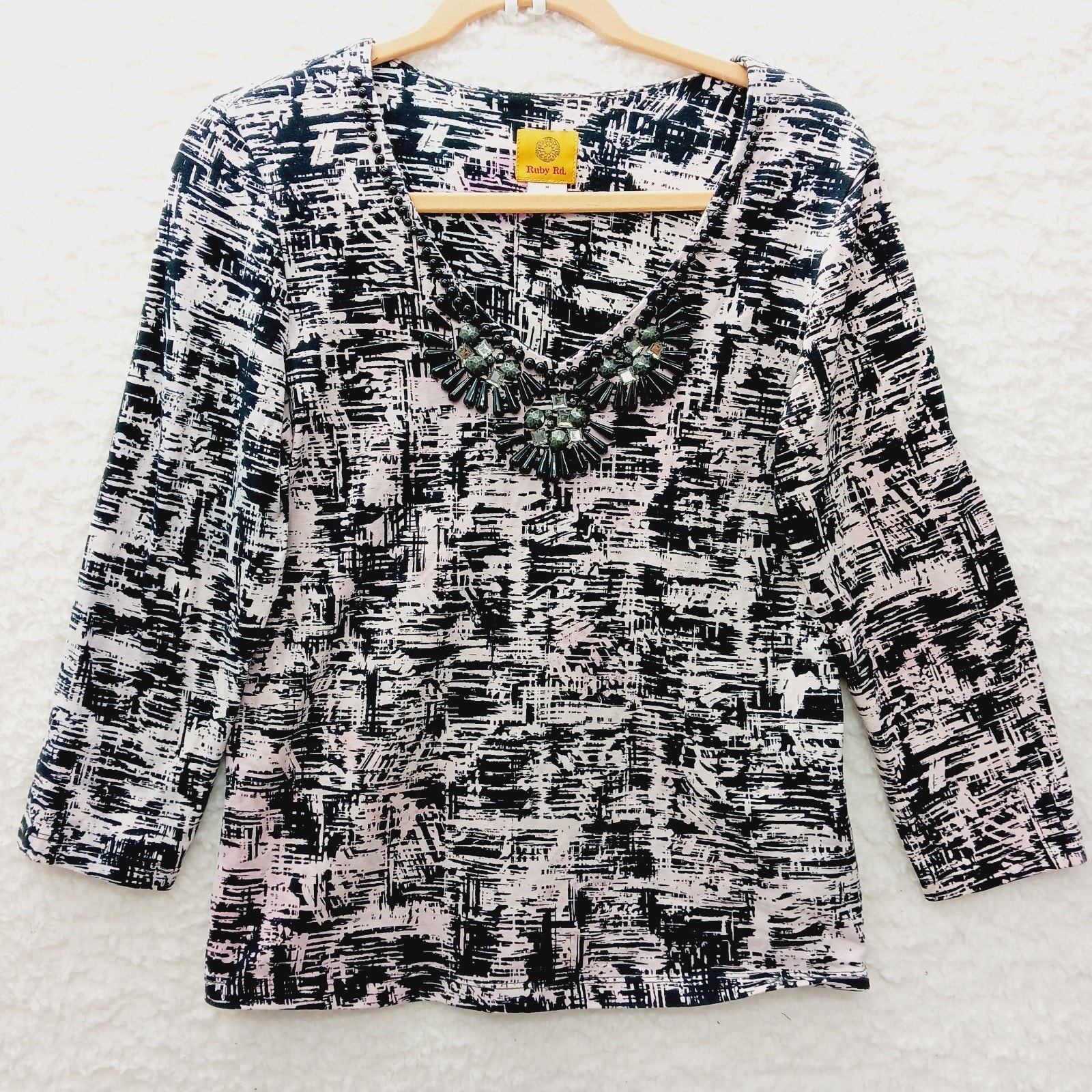 T-Shirt Women Geometric Black Pink Beads Studs Rhinestones Casual Upscale Size M